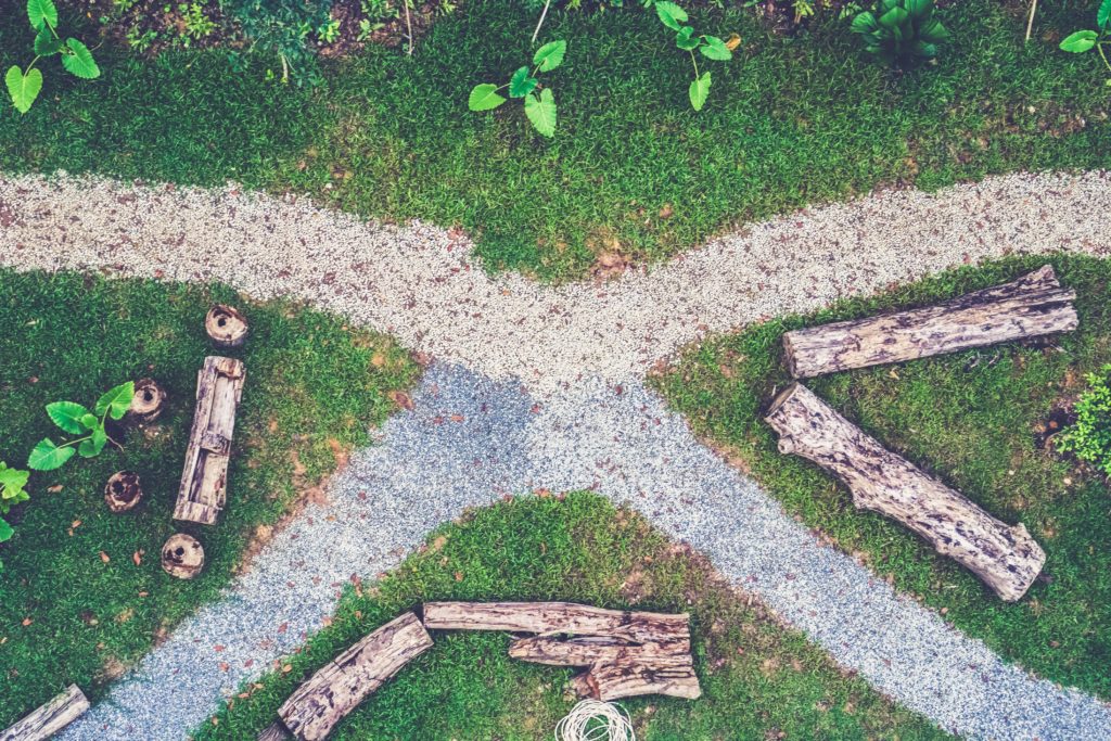 Birdseye view of footpath crossroad in a park