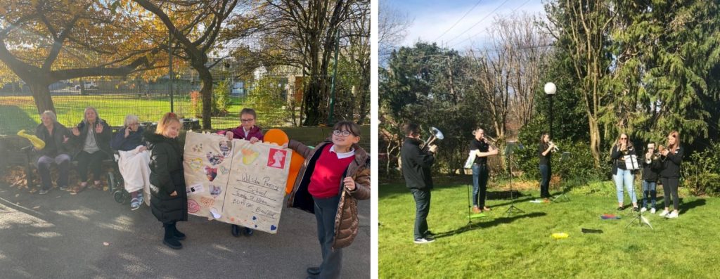 School pupils and care home residents playing together (left) and a brass band playing in a care home garden (right).