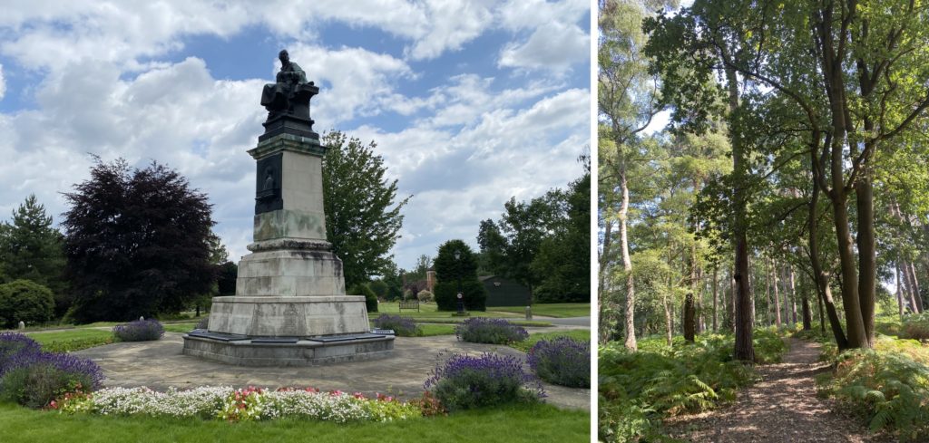 A stone monument surrounded by flower beds (left) and a shady woodland path (right).