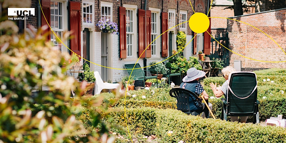 Two older women sat in a sunny garden having a conversation.